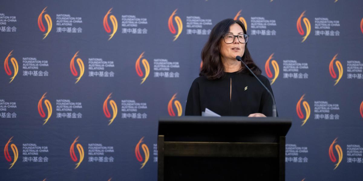 Ms Marina Go AM delivers remarks from lectern. 